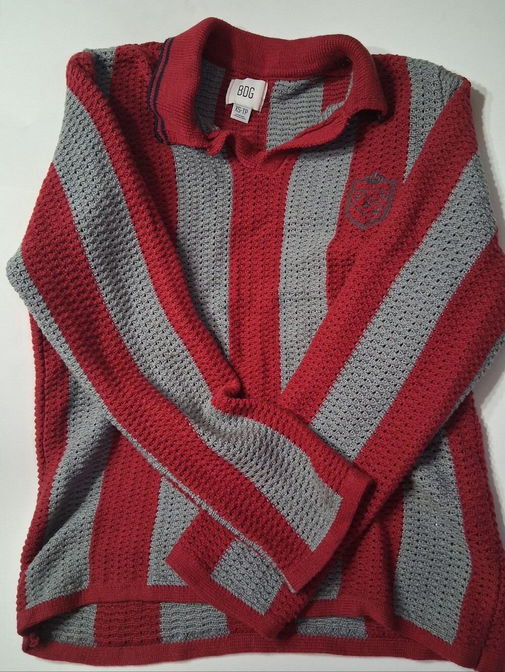 BDG Urban Outfitters Striped Open Knit Polo Sweater XS Red Gray